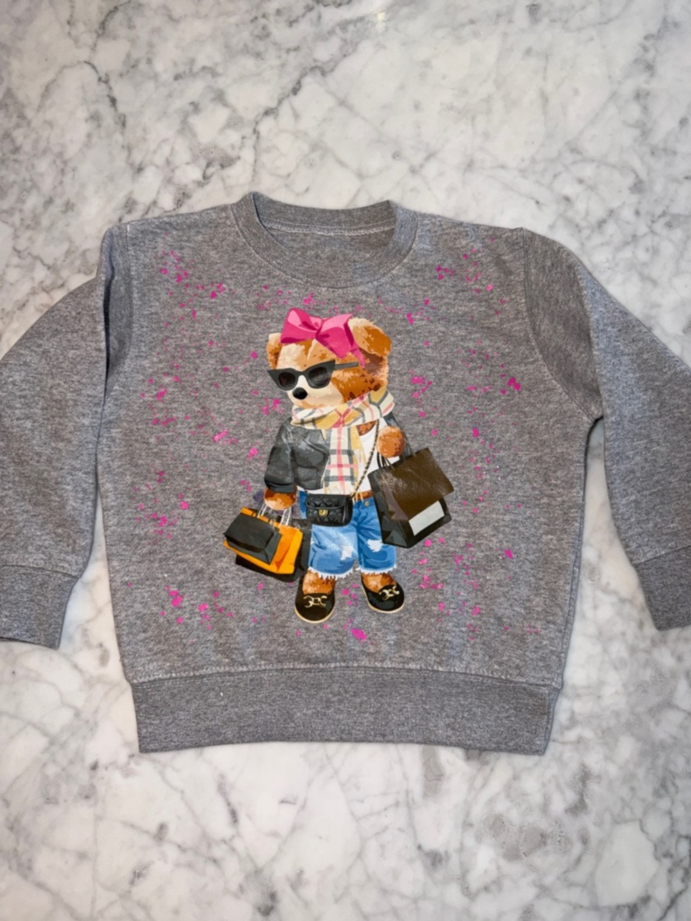 Rock Candy Kids Graphic Bear Pullover Sweatshirt - Gray with Pink Accents 4Y